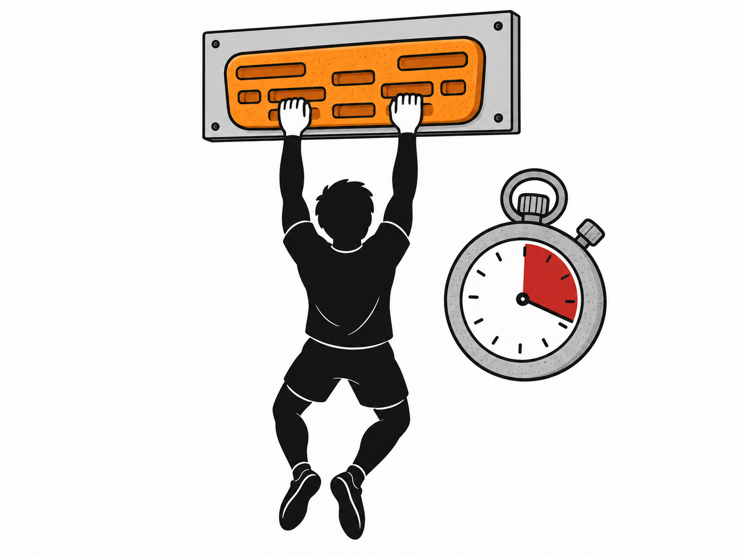 Climber hanging from a fingerboard beside a stopwatch